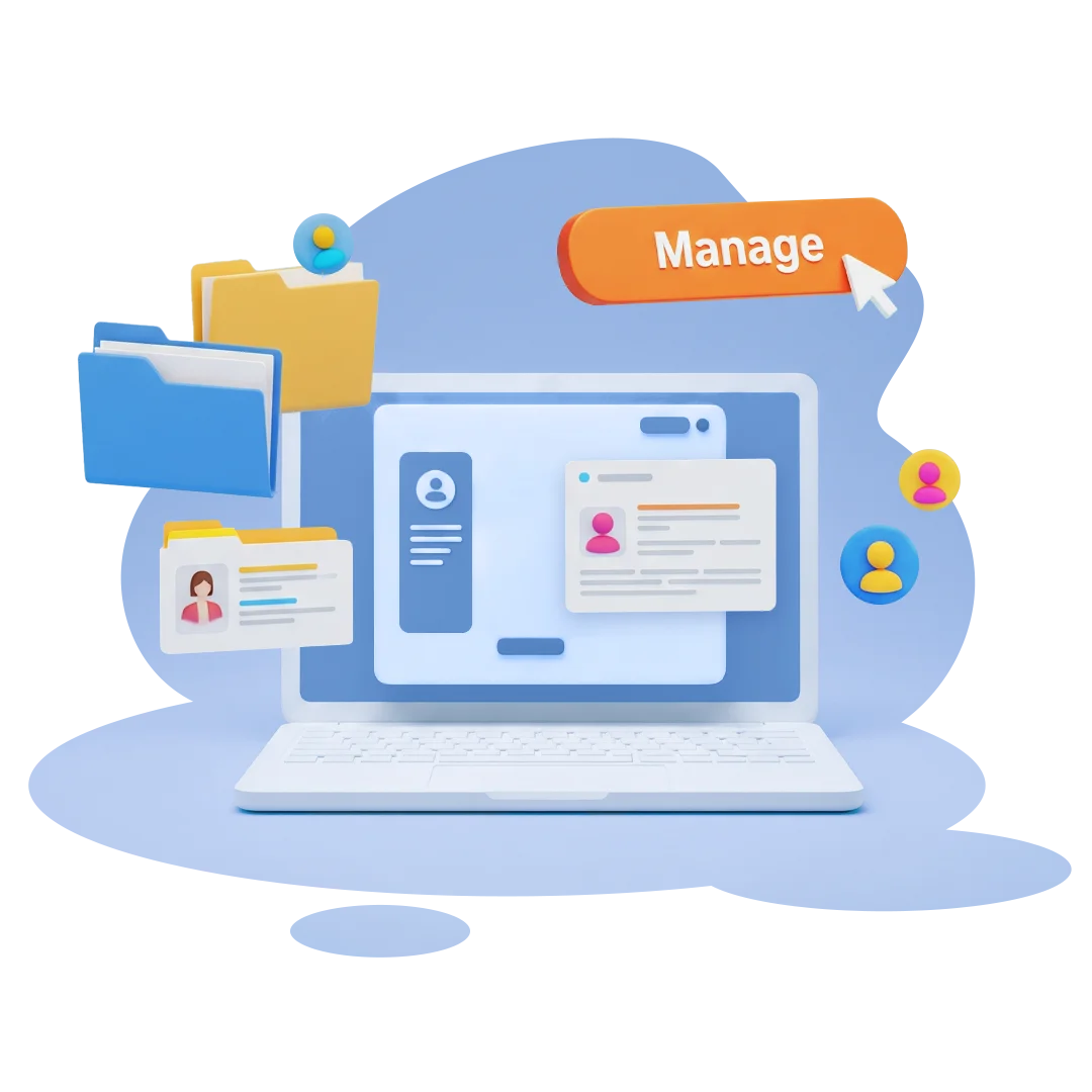 Laptop displaying a client profile card with file folders and a manage button, representing case management software