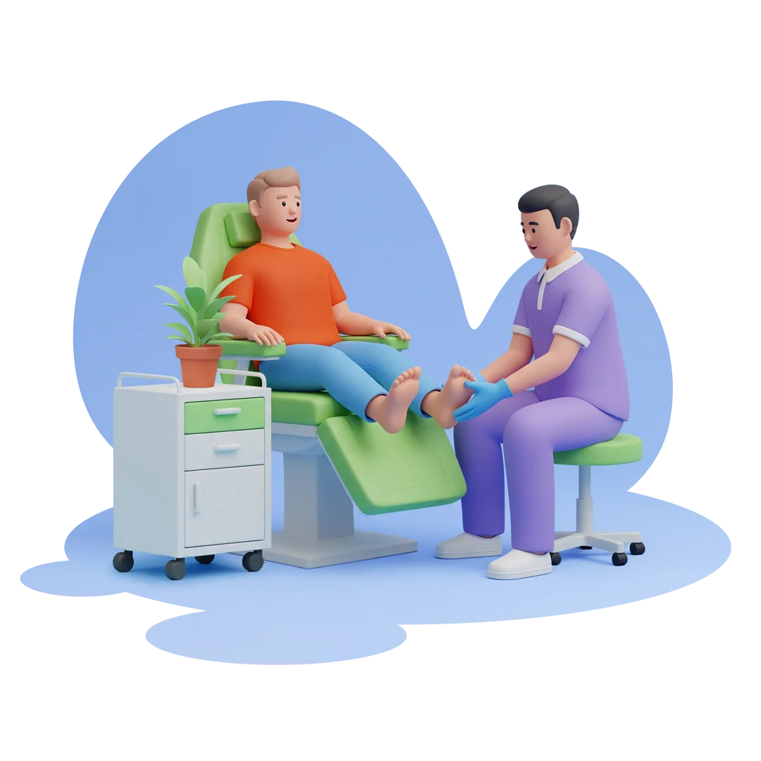 Podiatrist examining a patient's foot in clinic setting