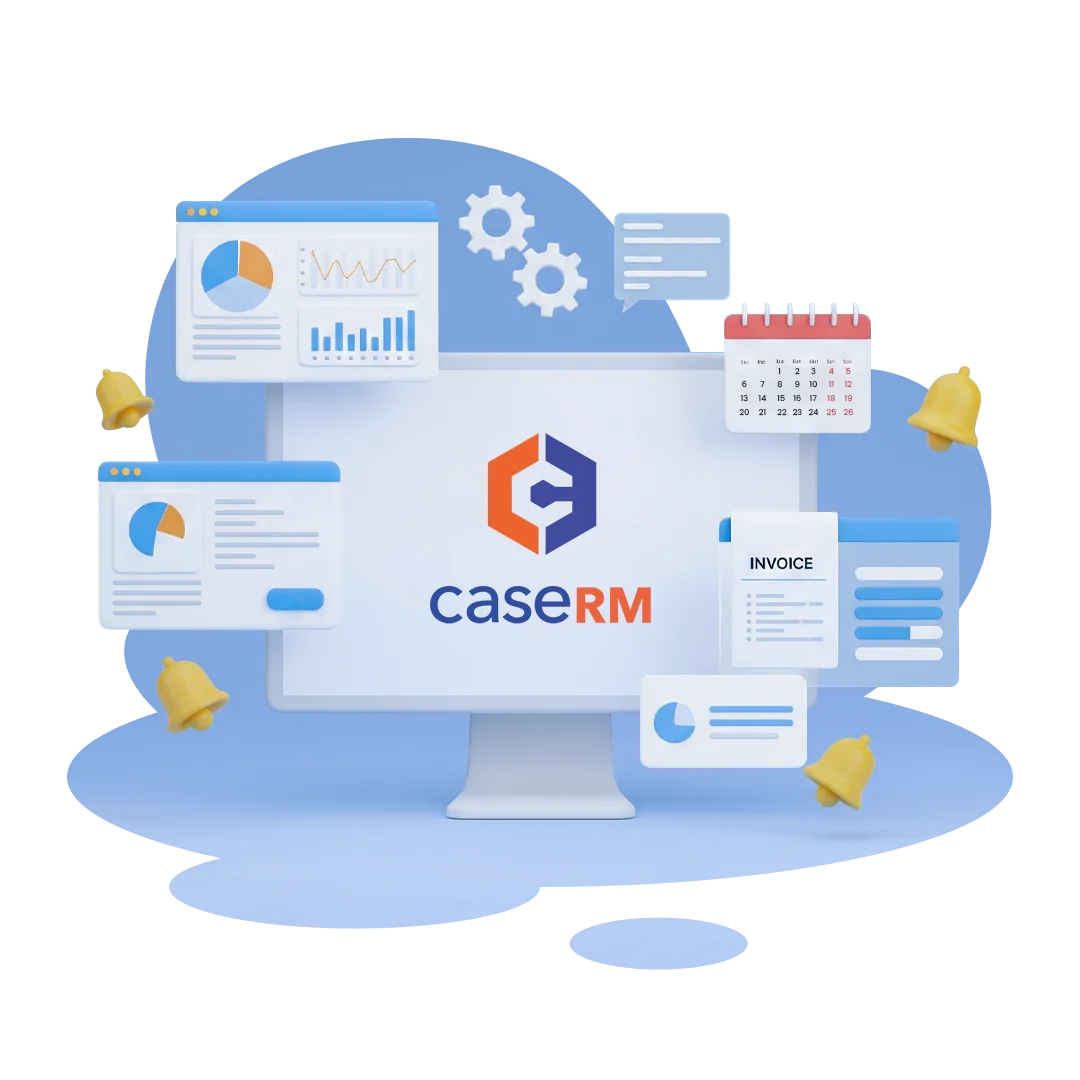 Illustration showing CaseRM on a monitor surrounded by dashboards, calendar, invoice, and notifications, representing integrated assessment workflows