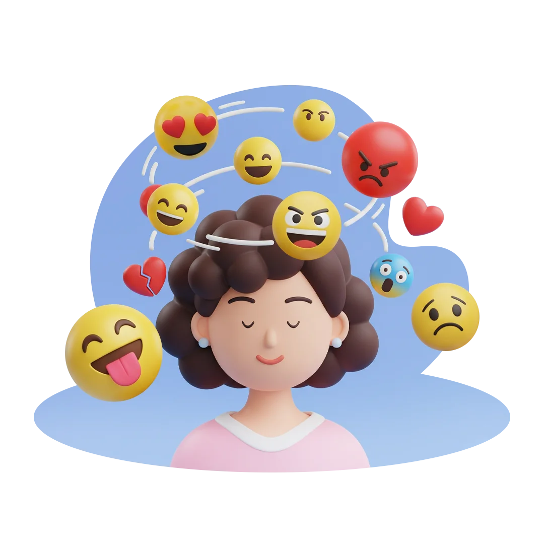 Illustration of a woman with emotional emojis swirling overhead, representing mental health professionals managing stress from records and documentation