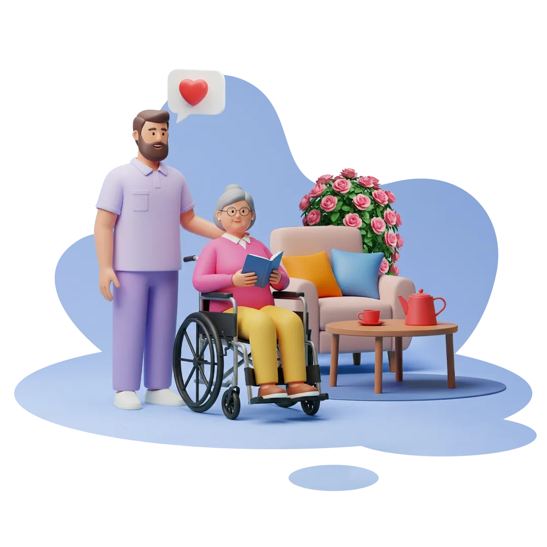 Attendant care provider supporting elderly client in wheelchair