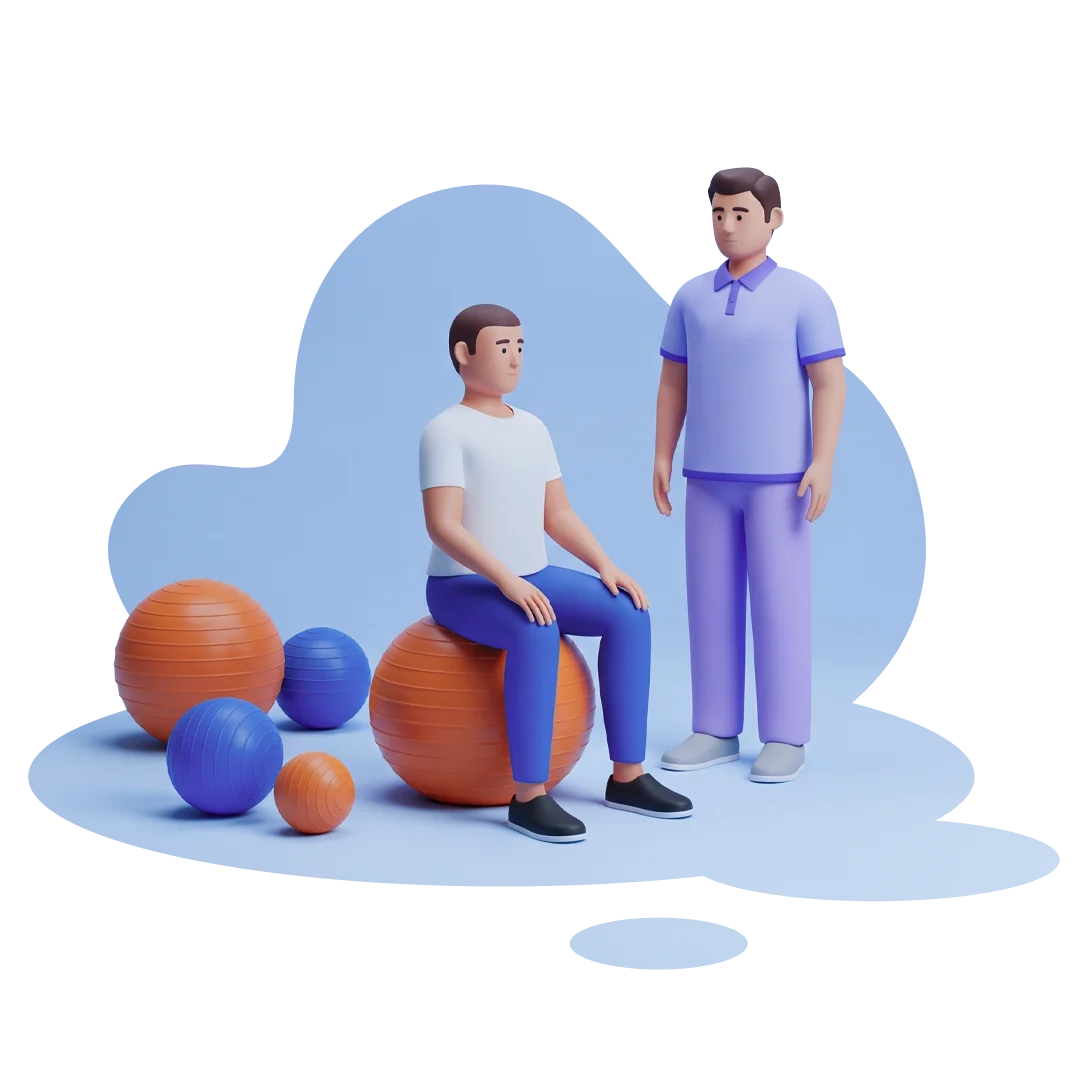 Illustration of physiotherapist instructing a patient sitting on an exercise ball in a clinic setting